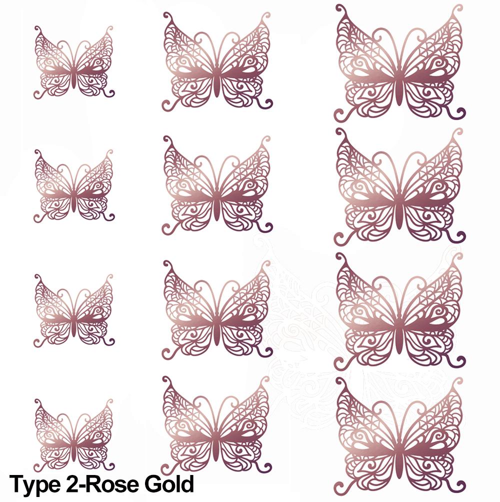 12Pcs/Pack 3D Hollow Out Butterfly Stickers Gold/Silver/Rosegold Mirror Decals Metal Texture Wall Art Wedding Party Supplies