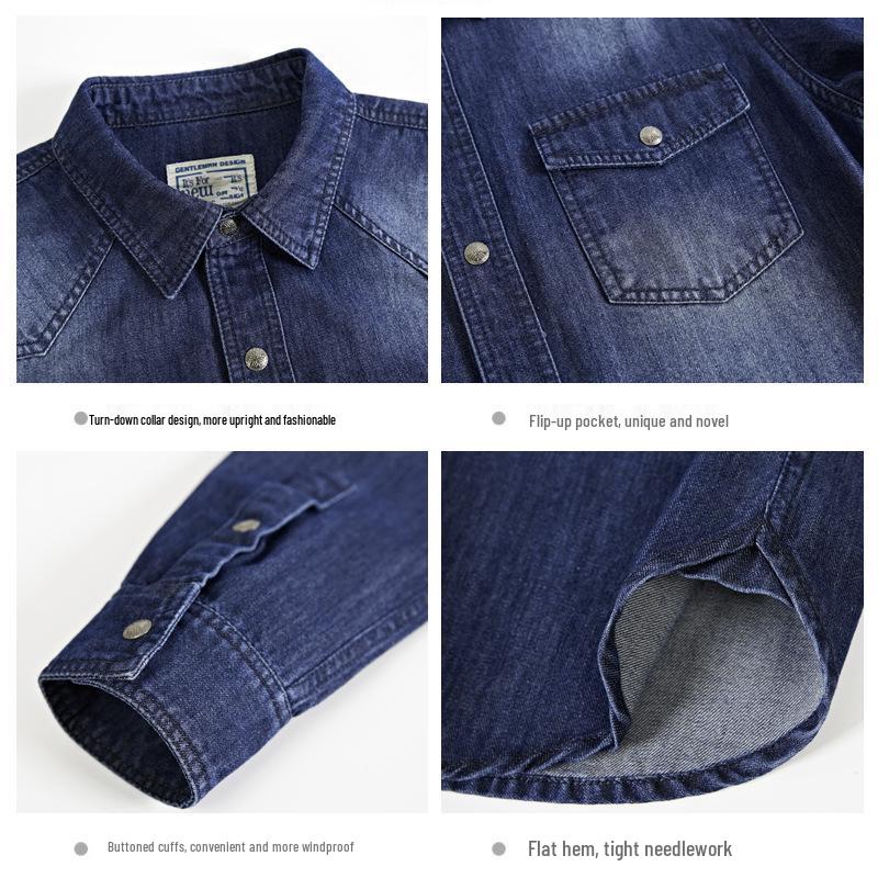 Jesienna męska koszula robocza retro z długim rękawem z spranej bawełny 65J22.