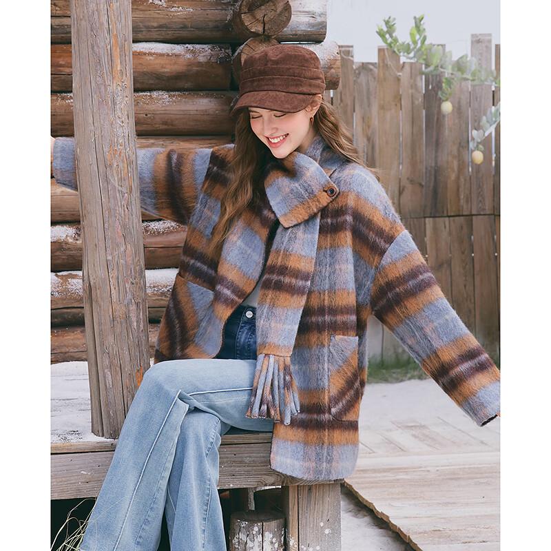 Betu Women's Plaid Wool Blend Scarf Mid-Length Coat