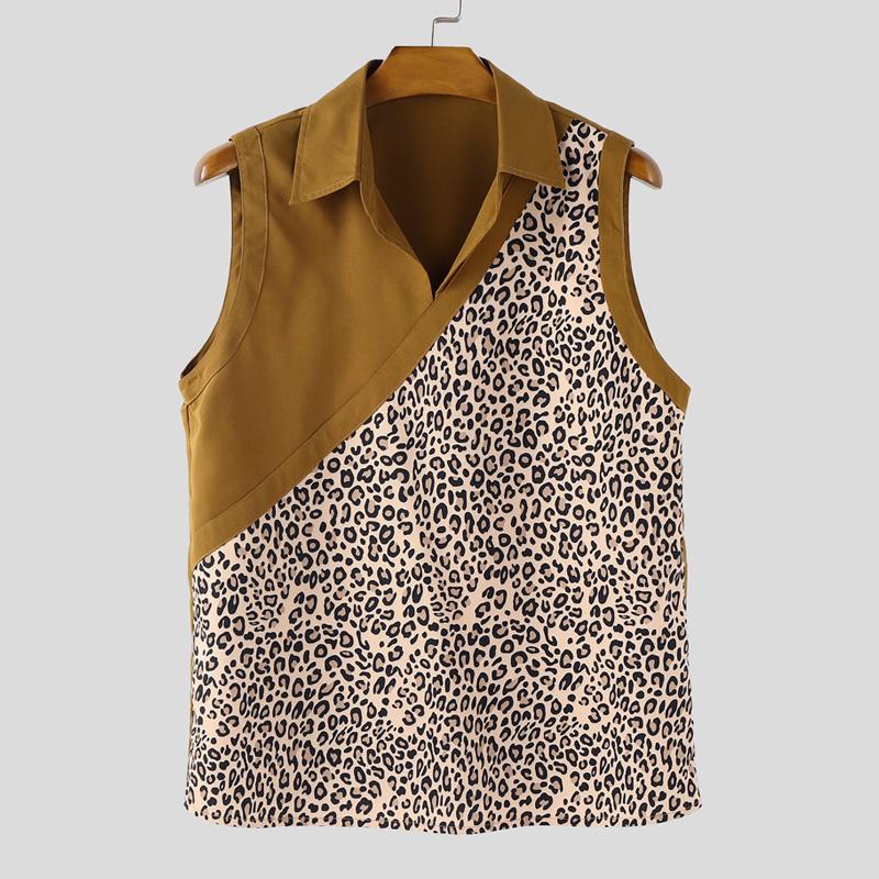 

INCERUN Summer Men Lapel Neck Sleeveless Leopard Print Casual Tank Tops 2XL хаки
