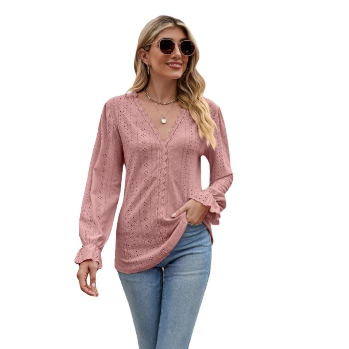 Vår og høst damebluse Ensfarget blonder patchwork V-hals løs langermet topp
