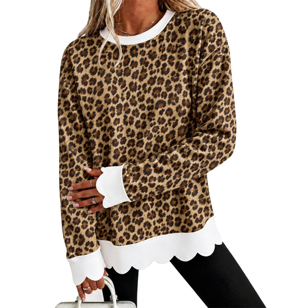 Women's Leopard Print Crewneck Sweatshirt Casual Relaxed Fit Pullover for Fall Winter Work