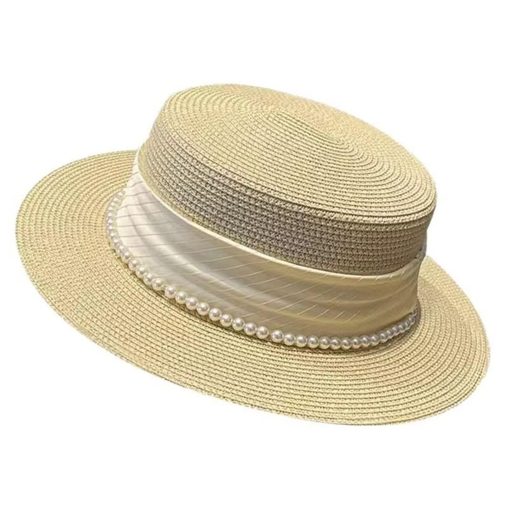 New French Hepburn Style Straw Hat Solid Color Straw Weaving Pearl Chain Hat Uv Protection Breathable Wide Brim Hat Beach Wear