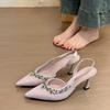 Spring 2025 new French satin fashion high heels women's thin heels pointed head sandals wear rhinestones versatile