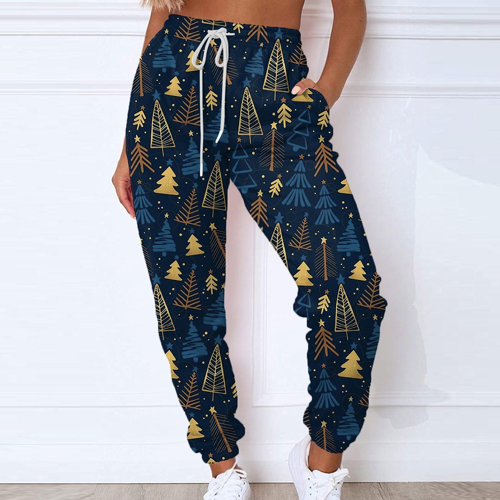 

Женские повседневные модные спортивные штаны с рождественским принтом и шнурком, брюки XXL тёмно-синий
