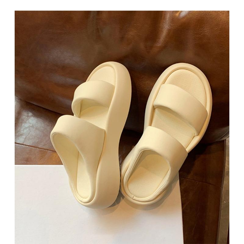 Whole sheepskin~ Thick bottom heightening leather bread casual muffin one-word slippers, summer women's beach cool slippers