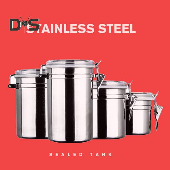 4ks Nerezová vzduchotěsná sada kanystrů Nádoba na potraviny Odolná proti vlhkosti Kuchyňská linka Organizér pro skladování cukru a mouky s průhledným víkem