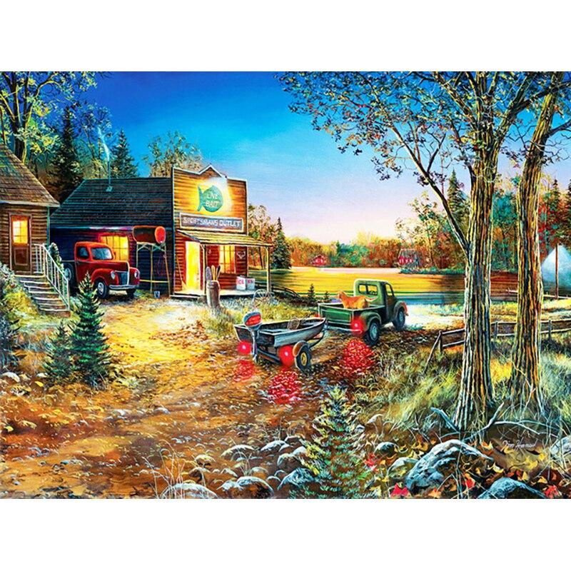 Noua pictură cu diamant 5D bricolaj, peisaj, broderie cu diamant, sat, punct de cruce, burghiu rotund complet, decorarea casei, cadou de artă manuală