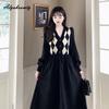 Autumn Winter Women Black Midi Dress V Neck Geometry Knitting Corduroy Patchwork Dress Long Sleeve Casual Basic Dress