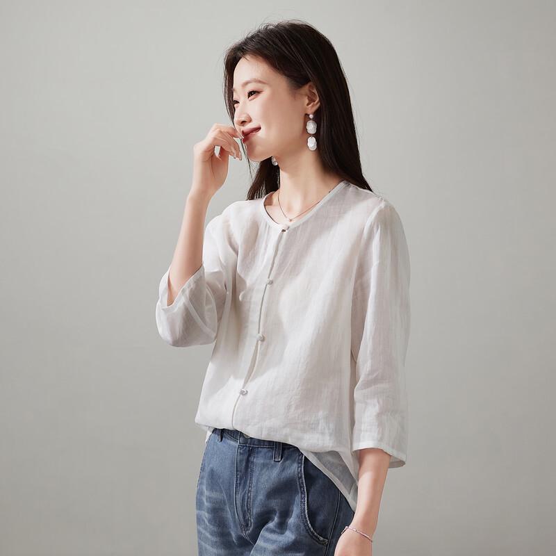 SOFSIL Women s Linen Blend 3/4 Sleeve Button-Up Shirt L