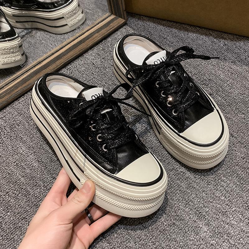 European products popular bag head half slippers women's 2025 spring new thick-soled heightening niche canvas shoes super fire white shoes