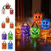 Collapsible Decorative Candy Pails LED Light Up Halloween Bucket, Glow In The Dark Trick or Treat Lightweight Gathering Bags Bag with Handle, Reusable