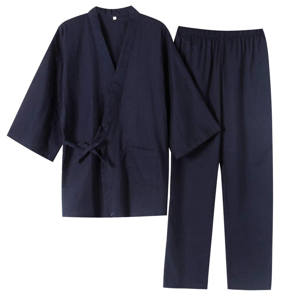 SISOFTLY Sleeve Jinbei Plain Autumn Winter Spring Summer Double Gauze Set Washable Summer Kimono Samue Pajama Set [SISOFTLY] Men's 3/4 Men's (M, Navy)