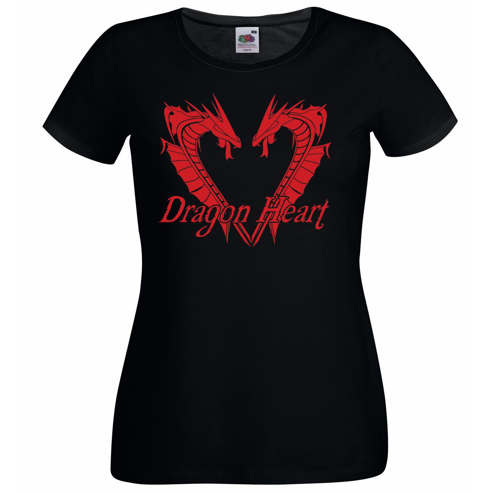 Ladies Black Twin Dragons Red Heart Fantasy Medieval TShirt 2XL