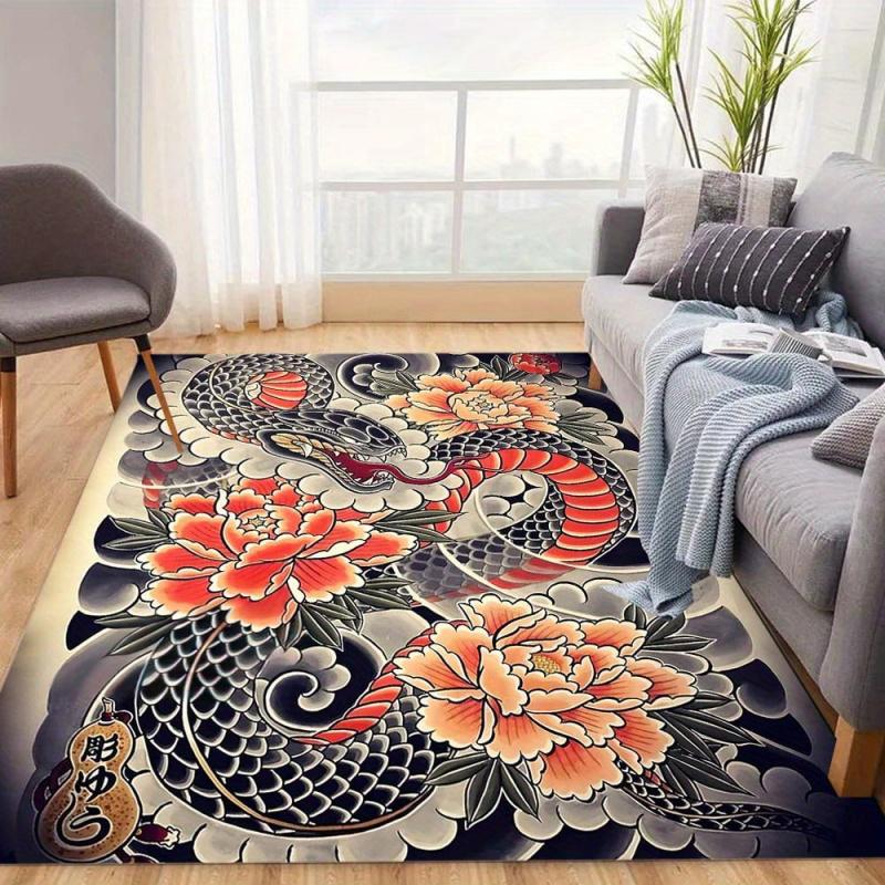VIKAMA Dragon And Floral Pattern Tattoo Design Area Rug Ideal For Living Rooms, Bedrooms Or Play Areas Home Decoration