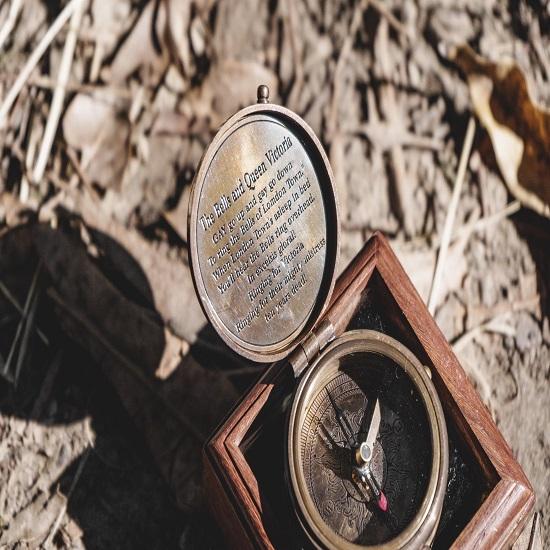 Handmade Brass Victorian Pocket Compass with Wood Box
