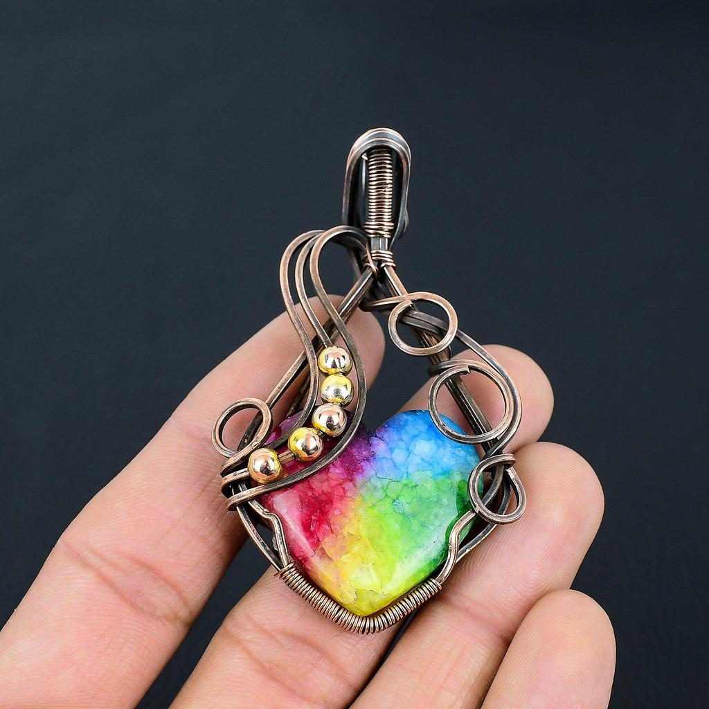 Rainbow Solar Quartz Gemstone Handmade Pure Copper Wire Wrapped Pendant Jewelry For Memorial