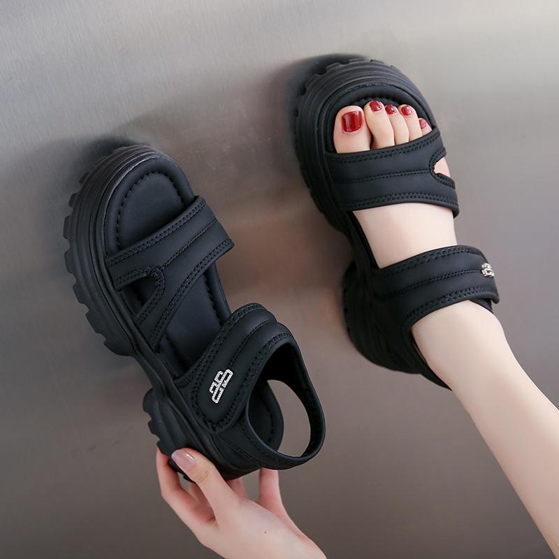 Soft leather sandals women 2025 summer new middle heel Velcro versatile platform fairy style with skirt Roman slippers
