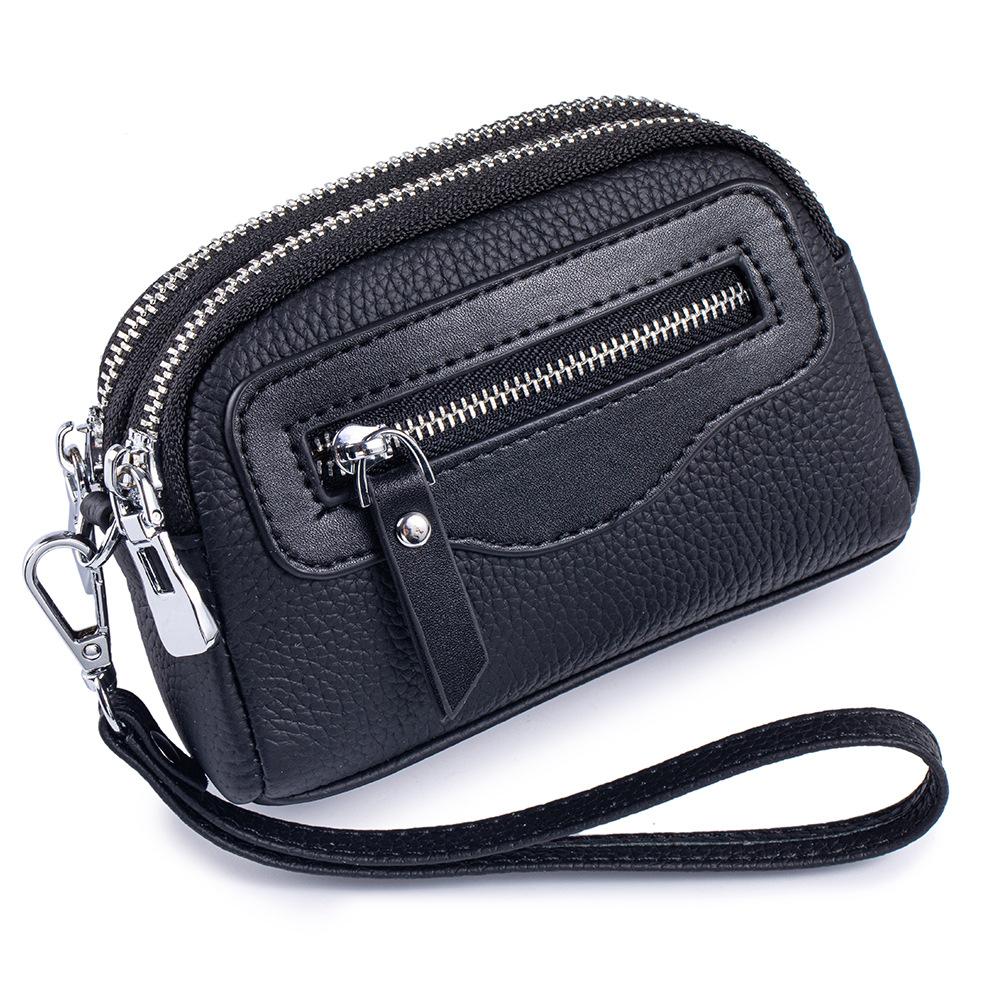 

New Women s Mini Bag Simple Wrist Change Bag Real Cowhide Large Capacity Double Zipper Multifunctional Coin Bag чёрный
