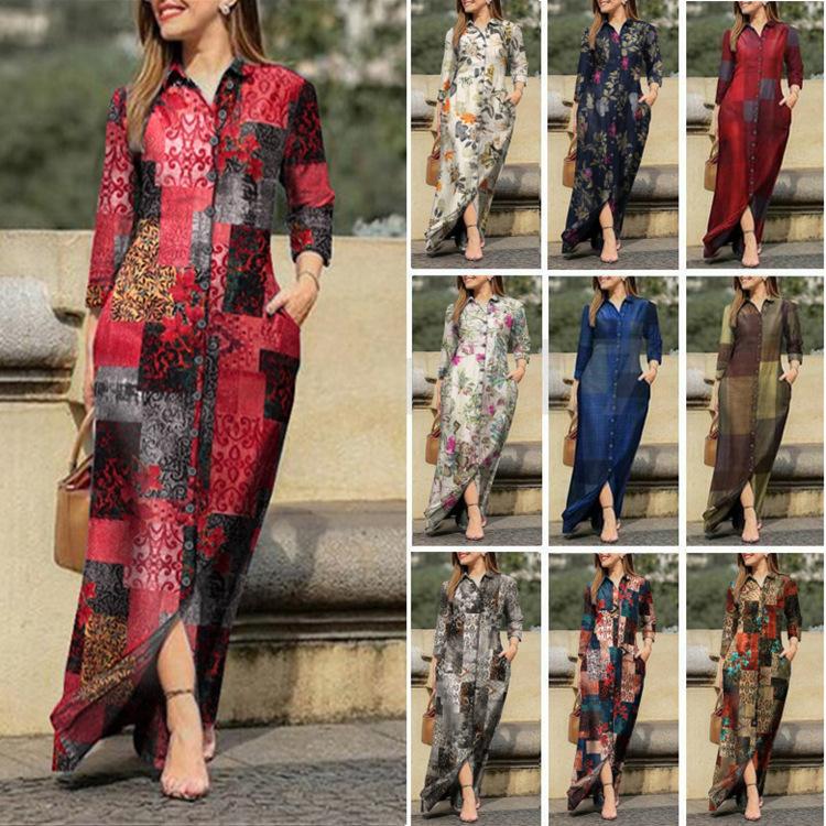 Dames Feestelijk Casual Revers Badjas Lange Bloemenprint Katoenen Jurk Knopenhemd Lange Casual Jurk