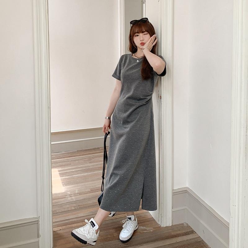 Lazy Dress Rhinestone Embellished Pleated Waist Defining Maxi Dress For Women Plus Size Stylish Slit A Line Skirt