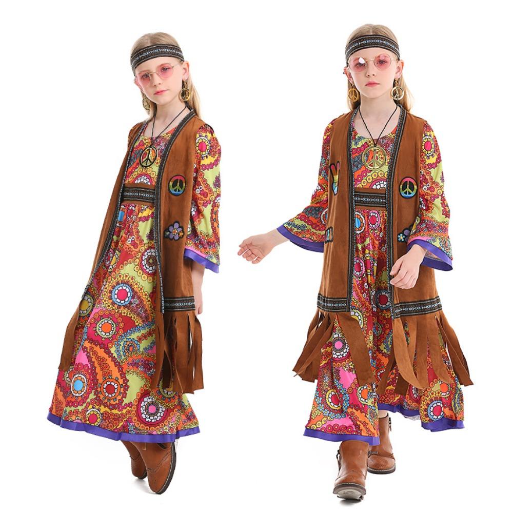 Kids Hippie Costume 1960s Retro Disco Outfit Country Singer Stage Performance Flower Power Groovy Vintage Themed Look