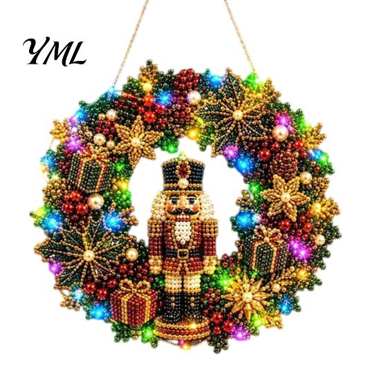DIY Heimurlaubsdekoration Acryl Weihnachten Kunstperlen Aufhänge-Set, Beleuchteter Kranz 3D Perlen Bastelmalerei Set Kit mit LED-Lichterkette,
