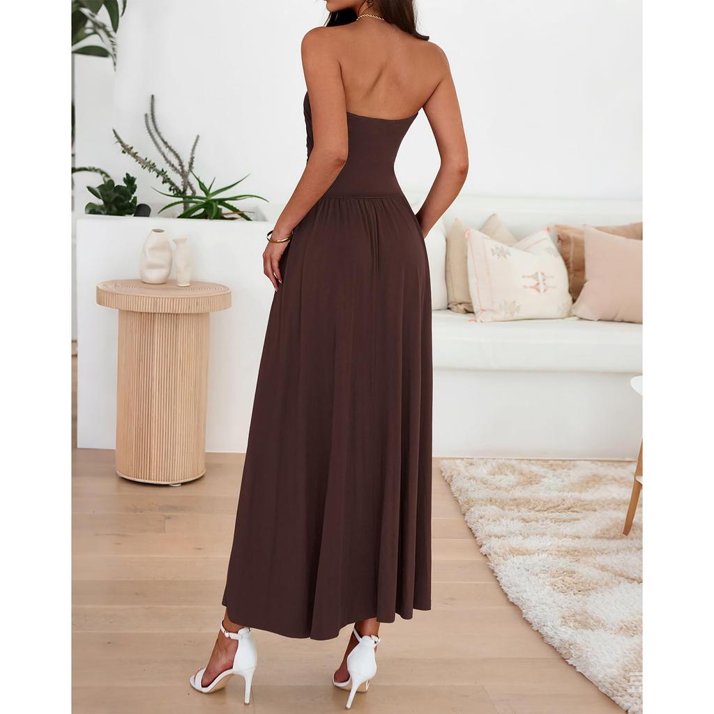 Summer Dresses For Women Strapless Ruched Tube Top Beach Vacation Dress Pockets