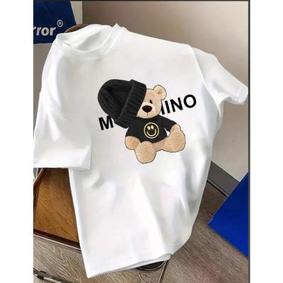 T-shirt Crew Neck with Soft and Comfortable Spring and Summer Women's Casual Teddy Bear Letter Print