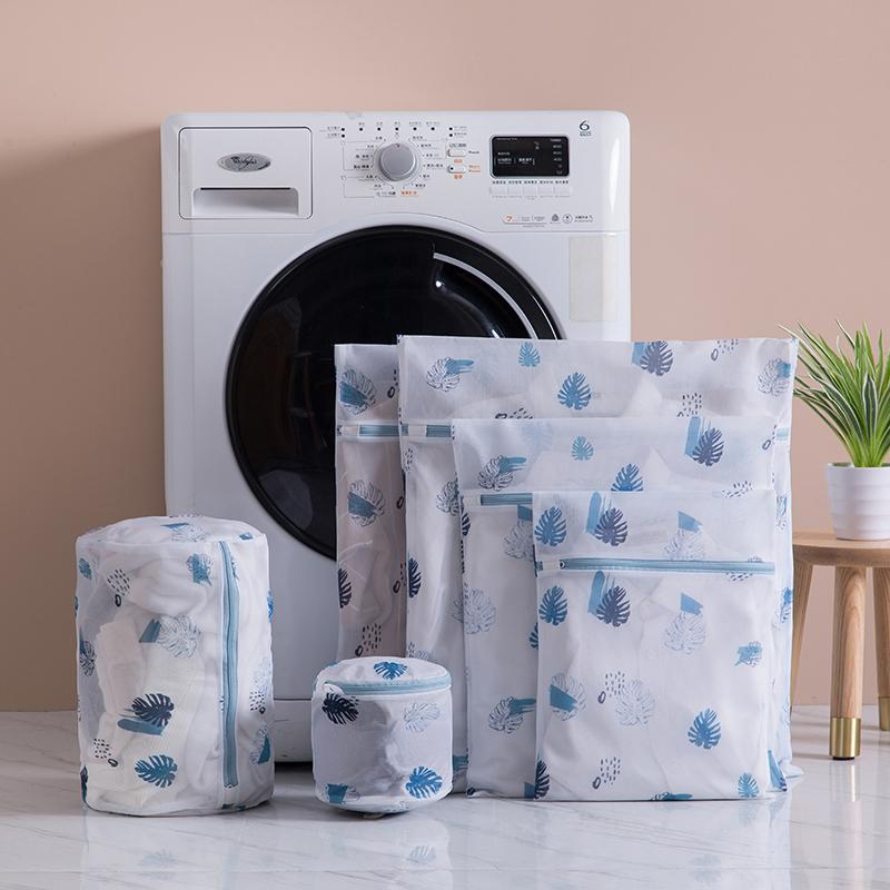 Laundry Bag Print Blue Leafves Polyester Washing Bags Bra Underwear Protect Dirty Clothes Storage Bathroom Organize Wash Bag