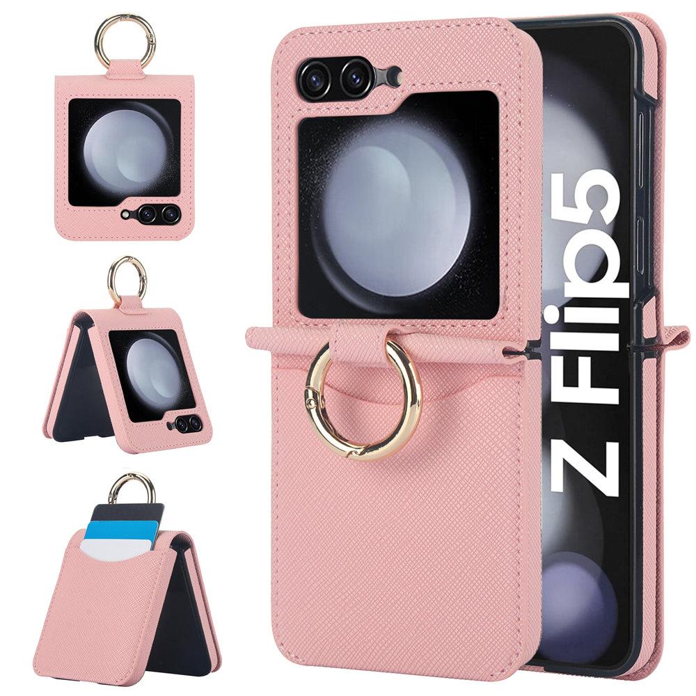 Cross Stripes Leather Ring Phone Case For Samsung Galaxy Z Flip 7 7FE 6 5 4 3 Credit Cards Holder Back Cover For Galaxy Z Flip 6