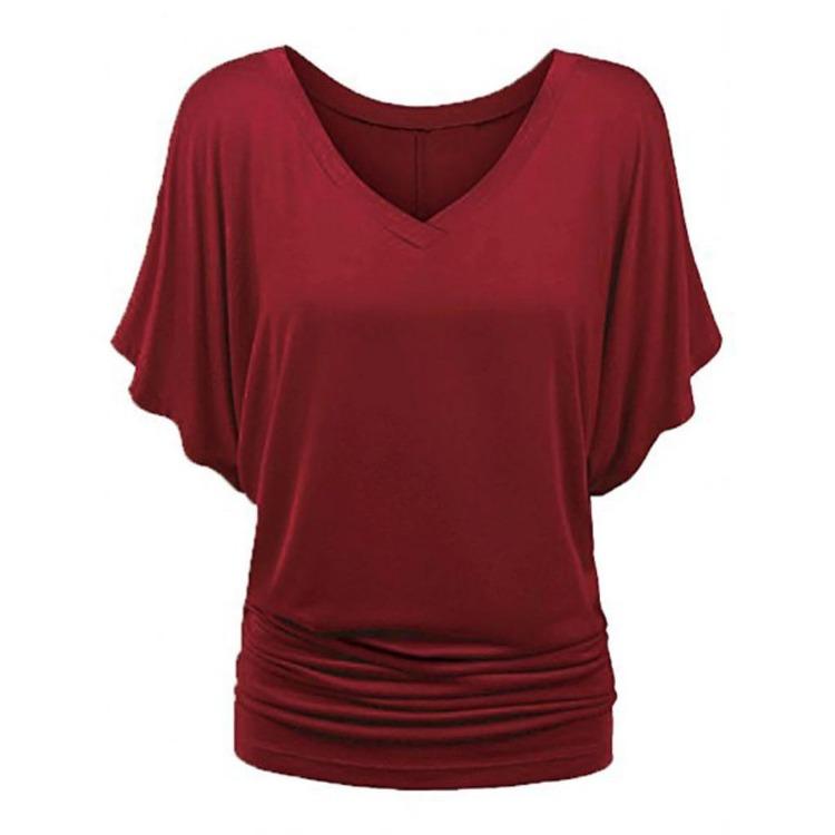 Plus Size Women Fashion Solid T Shirt Loose V Neck Batwing Sleeve Fold Hem