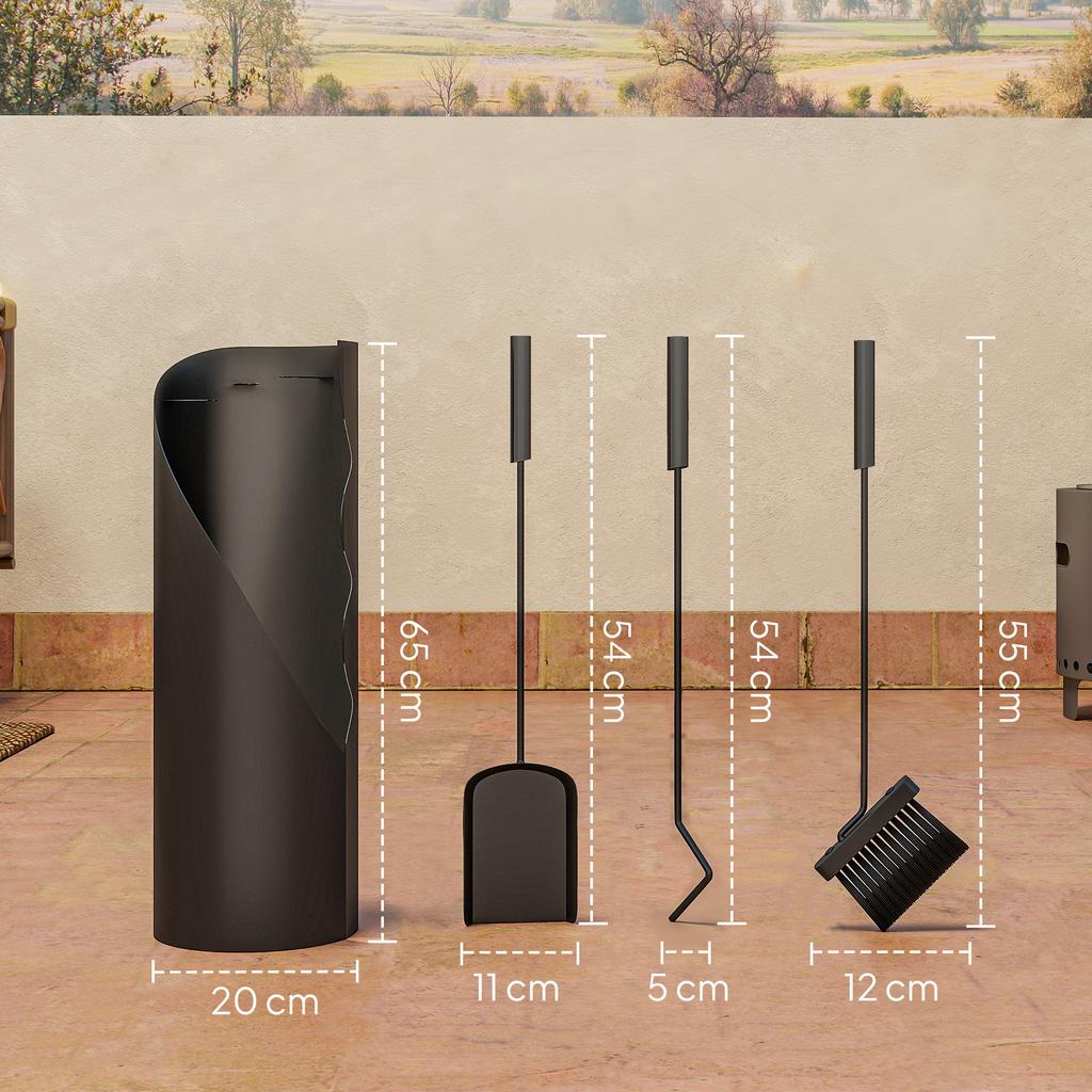 4-Piece Fireplace Tool Set with Broom, Shovel, Poker and Stand, In Metal 20 X 20 X 65 Cm, Black