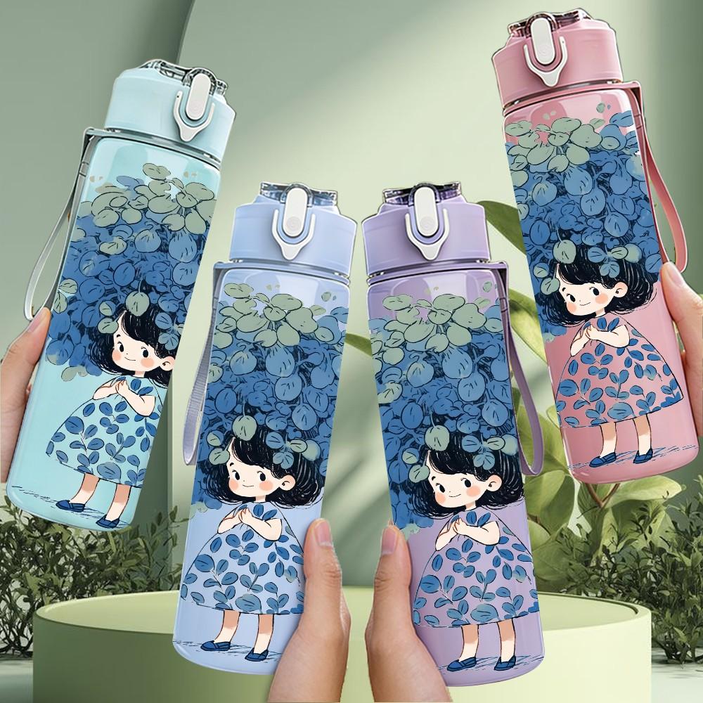 1PC Girl Big Blue Flower Hair Print 750ml Color Plastic Sports Water Bottle Leakproof Flip Straw Lid Suitable for Sports Office Home Use