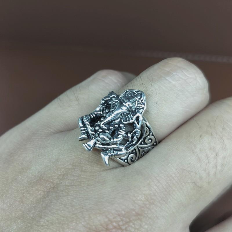 Adjustable Open Ring Men Women Sterling Elephant God Design Retro Geometric Jewelry Vintage Style