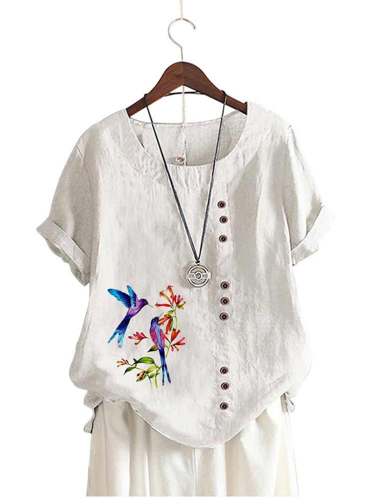 Women S Short Sleeve Printed Cotton Linen Loose Casual T Shirt XS