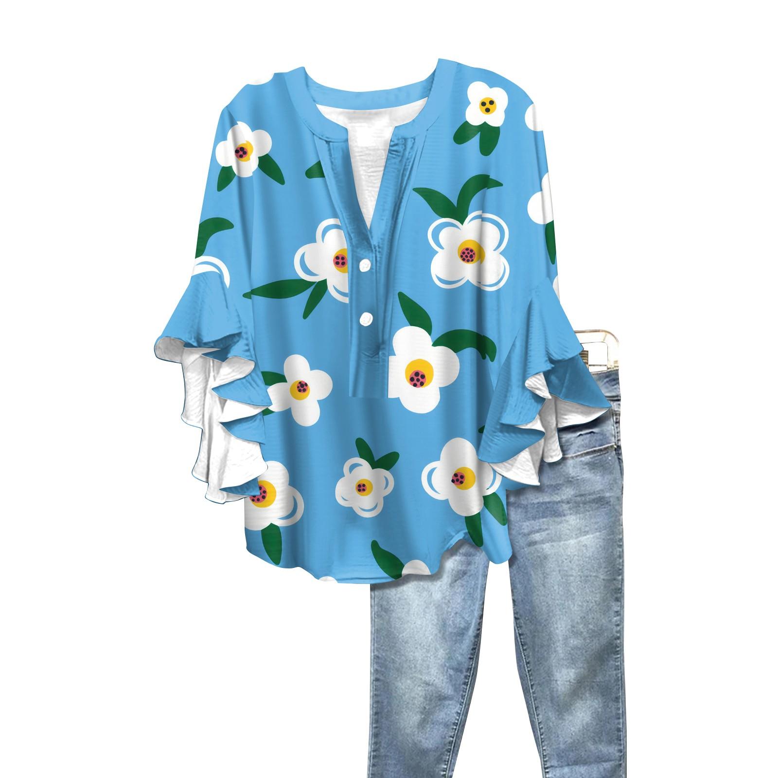 

Летние женские топы с V-образным вырезом и рукавом семь восьмых, весенне-летние топы с цветочным принтом, повседневная рубашка XL