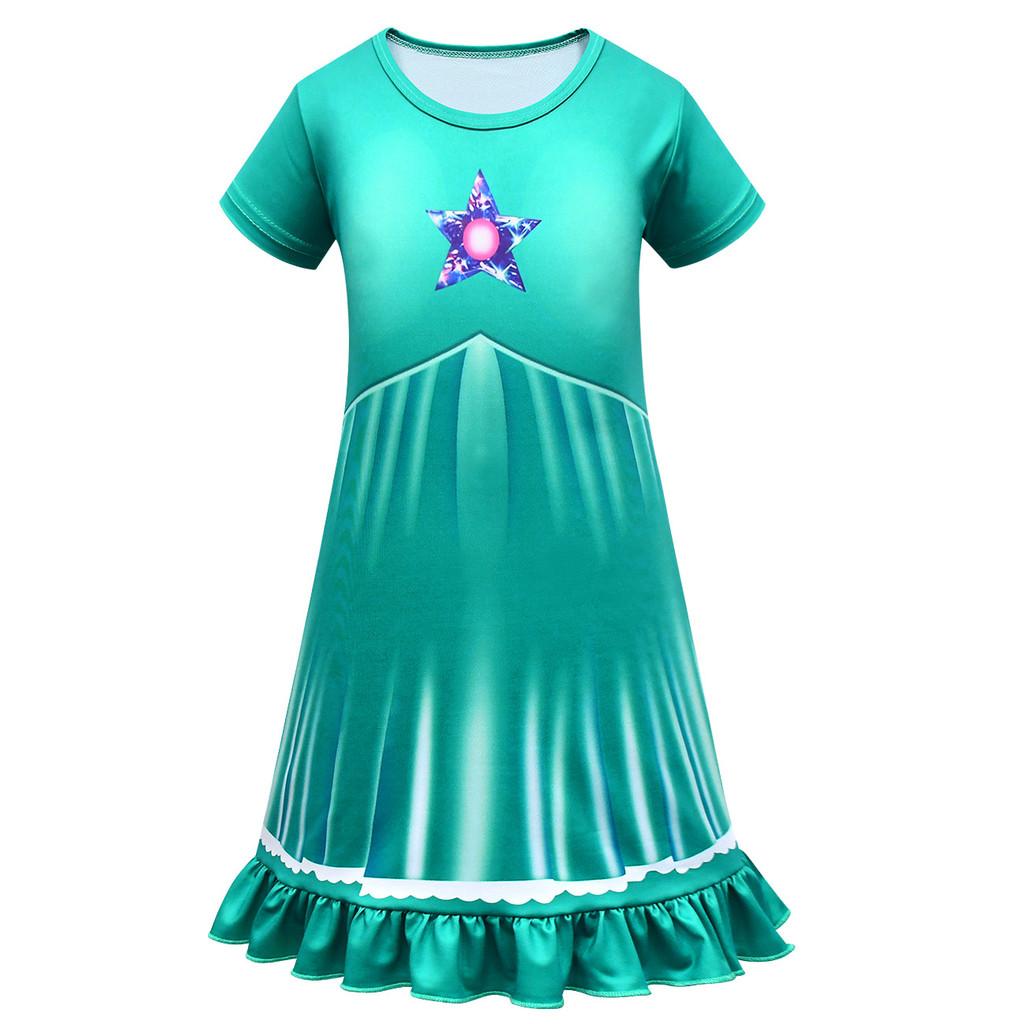 83048 Kids Girls Princess Rosalina Print Short Sleeves Pleat Dress 100cm зелёный