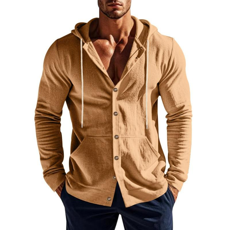 Spring and Summer Men's Hooded Long-sleeved Shirt Men's Solid Color Patch Bag Casual Long-sleeved T-shirt Men's Top Outer Wear