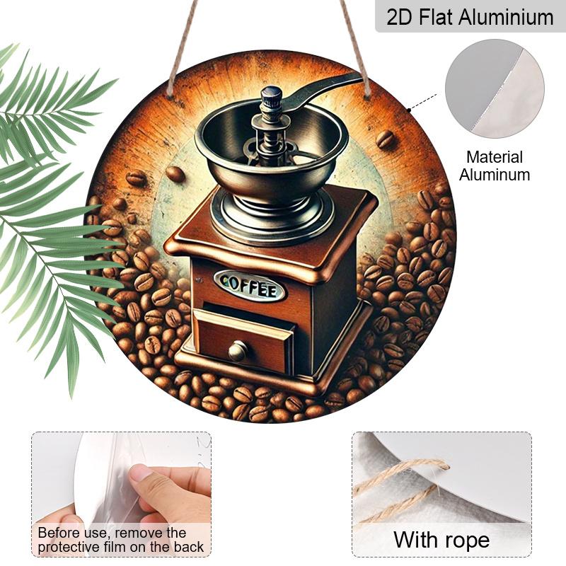 2D Flat 1pc, 8x8 In, Vintage Coffee Grinder and Bean Metal Aluminum Wall Art, Waterproof and Dustproof, Multipurpose Round Wall Hanging for Home