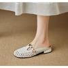 Fashion 2025 French Woven Hollow Breathable Real Leather Toe Cover Women's High Heel T-Strap Semi-Slipper Rubber Sole Basic Type