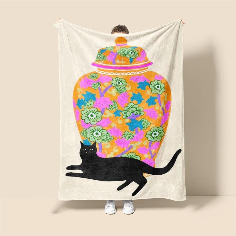 Home Decoration Plush Throw Sofa Blanket Anime Animals Bedspread On the Bed Fluffy Soft Blankets Decor Plaid Modern Cat Black