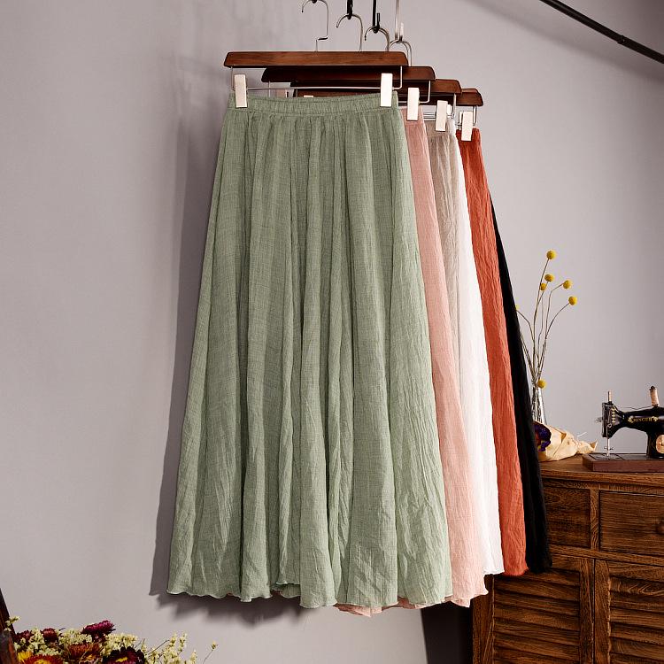 Women's Elegant High Waist Elastic Waist Linen Pleated Long Skirts Ladies Slim Casual Skirt Saias Summer