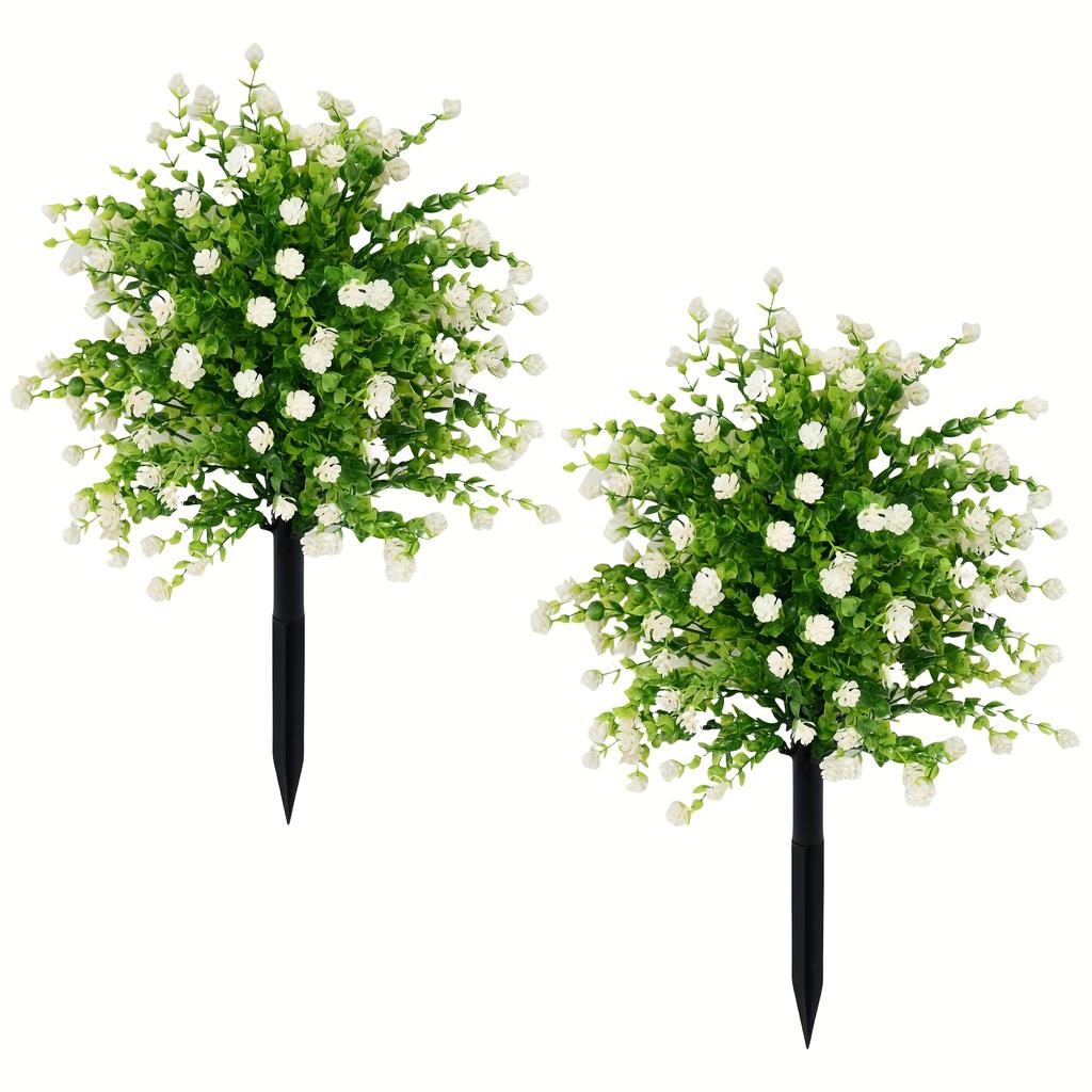 2pcs Outdoor Artificial Greenery Trees with Faux Eucalyptus & Camellia Flowers, Ground Stakes Included - Perfect for Garden, Patio, All-Season Decor