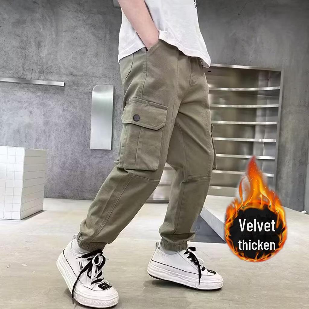Boys' Autumn/Winter 2023 Velvet-Lined Overalls: Versatile, Loose-Fit, Thickened Leggings for Older Kids