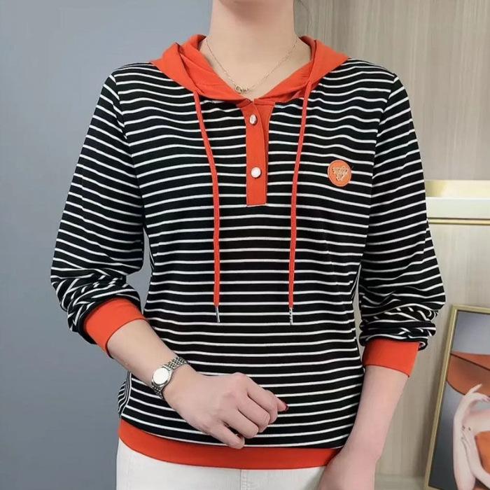 YYFS Women's Fashion Casual Spring Autumn Stripe Print Long Sleeve Hooded Blouses & Shirts