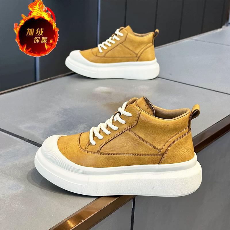 Autumn and Winter Velvet Retro Thick-soled Casual Leather Surface Lace-up Trendy Shoes Premium Sense Zmd