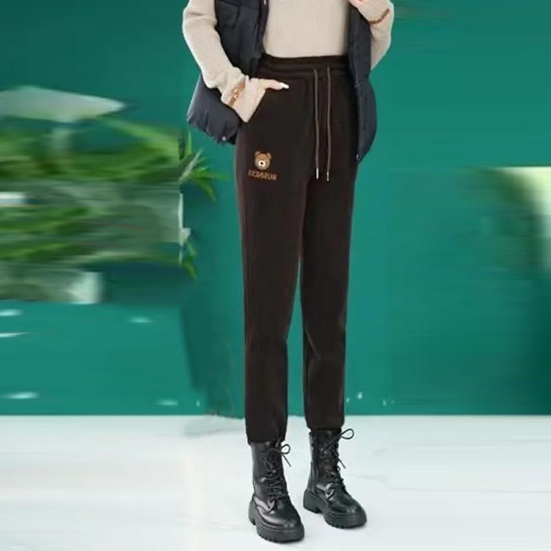 Women's Thickened Corduroy High-waisted Active Pants Autumn Winter Casual Pull-string Elastic Waist Straight-leg Trousers