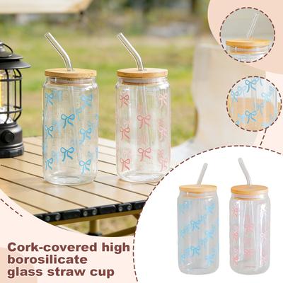 16oz Borosilicate Glass Tumbler With  Lid & Straw - Stylish Transparent Cup (Cute Bowknot Design) For , Drinks & Juices