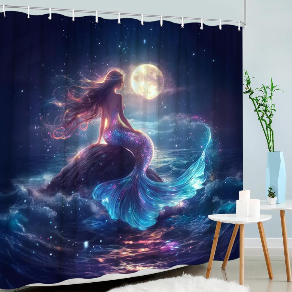 Enchanting Mermaid Moonlight Print Waterproof Shower Curtain For Bathroom,Magical Ocean Design High-End Toilet Partition Curtain